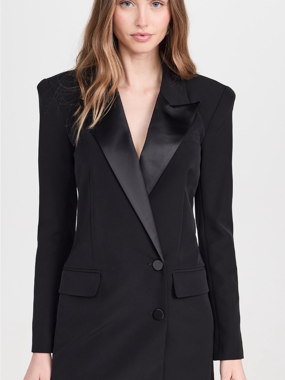 L'AGENCE Black Satin-Lapel Midi Blazer Dress
